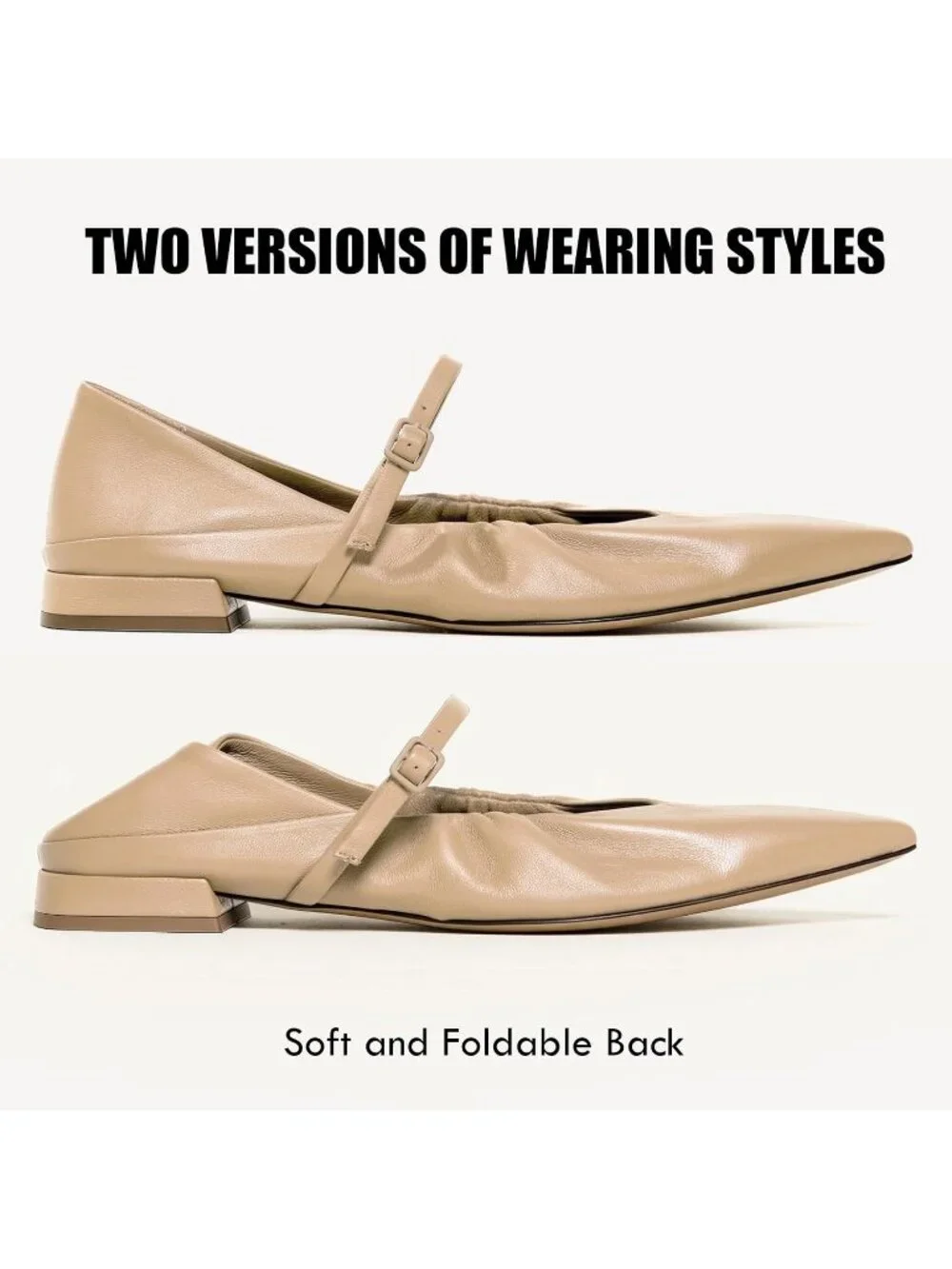 Women's Nude Mary Jane Pointed Toe Ballet Flats Foldable Office Dress Shoes
